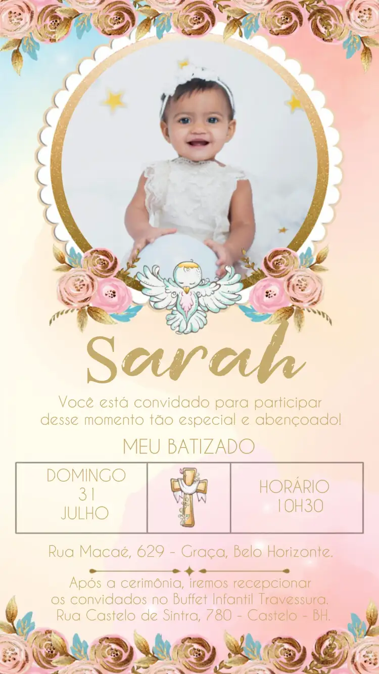 Convite Batizado Batismo Anjinha Com Foto Flores – tema Primeira Comunhão floral, dourado, rosa, religioso, delicado, infantil