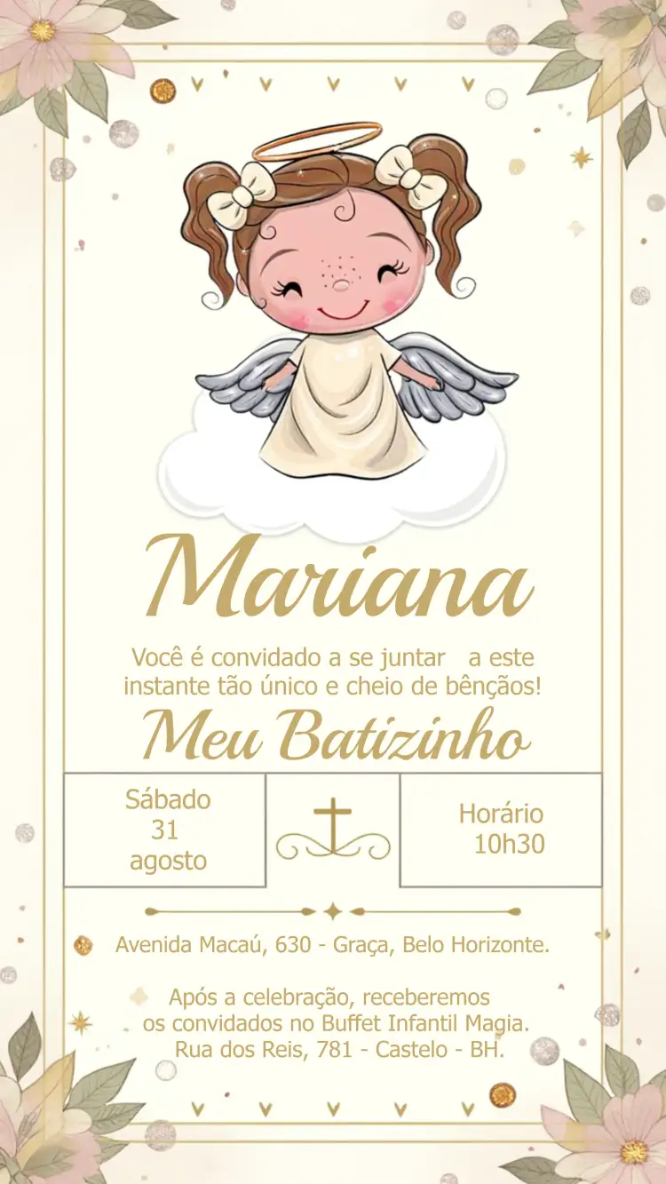 Convite Batizado Batismo Anjinha Menina – tema Batizado dourado, anjinhos, delicado, religioso, minimalista