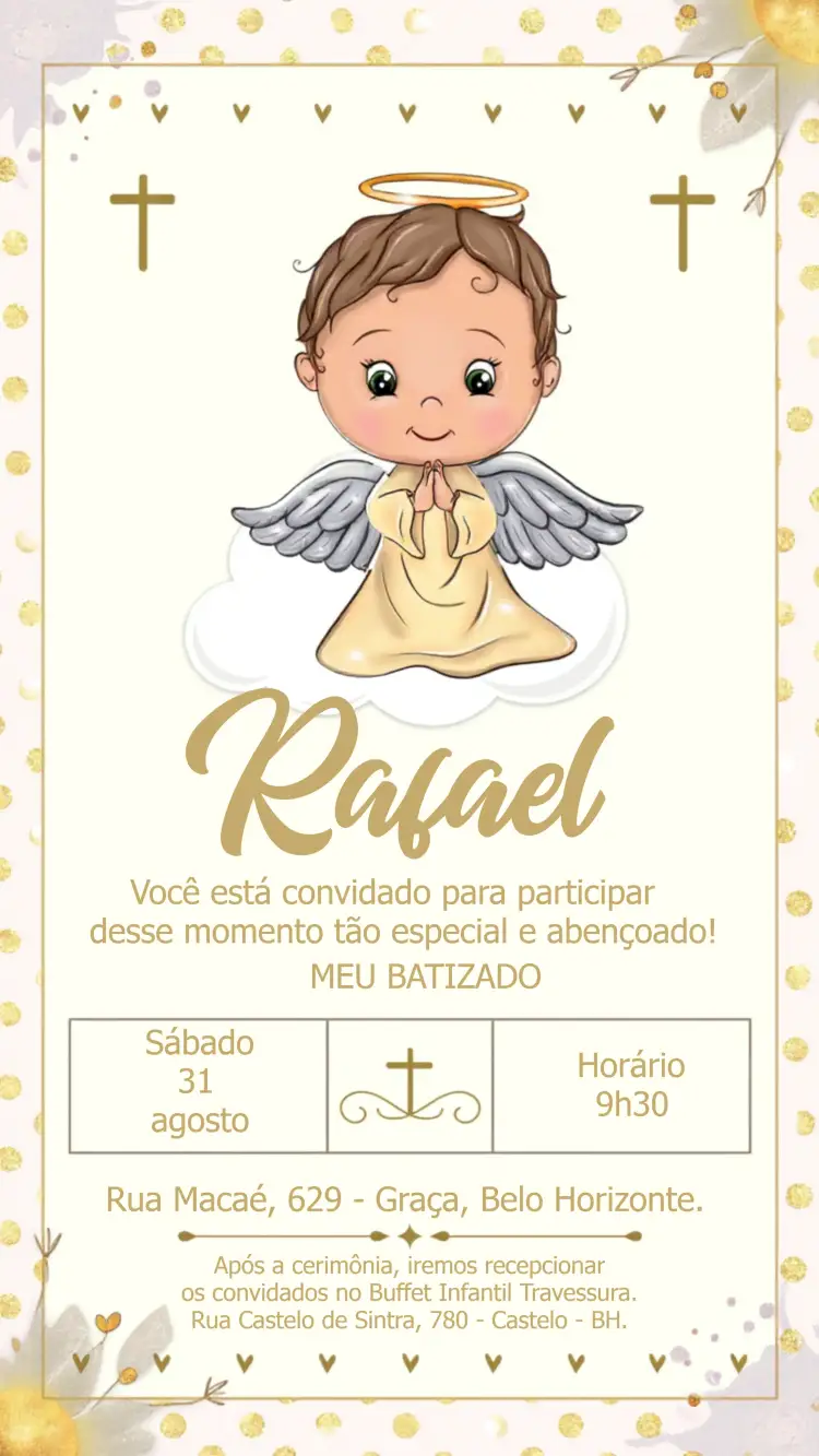 Convite Batizado Batismo Anjinho Comunhão – tema Primeira Comunhão dourado, religioso, infantil, delicado, minimalista, anjinhos