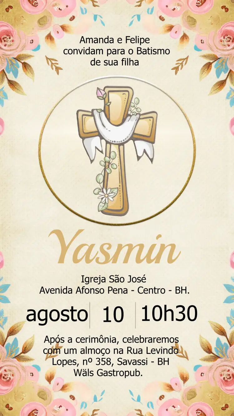 Convite Batizado Batismo Eucaristia – tema Batizado floral, dourado, elegante, delicado, moderno, clássico