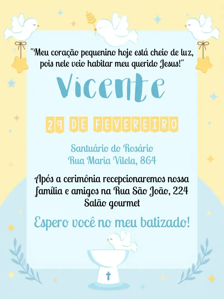 Convite Batizado Bebê – tema Primeira Comunhão colorido, anjinhos, minimalista, infantil, branco e azul