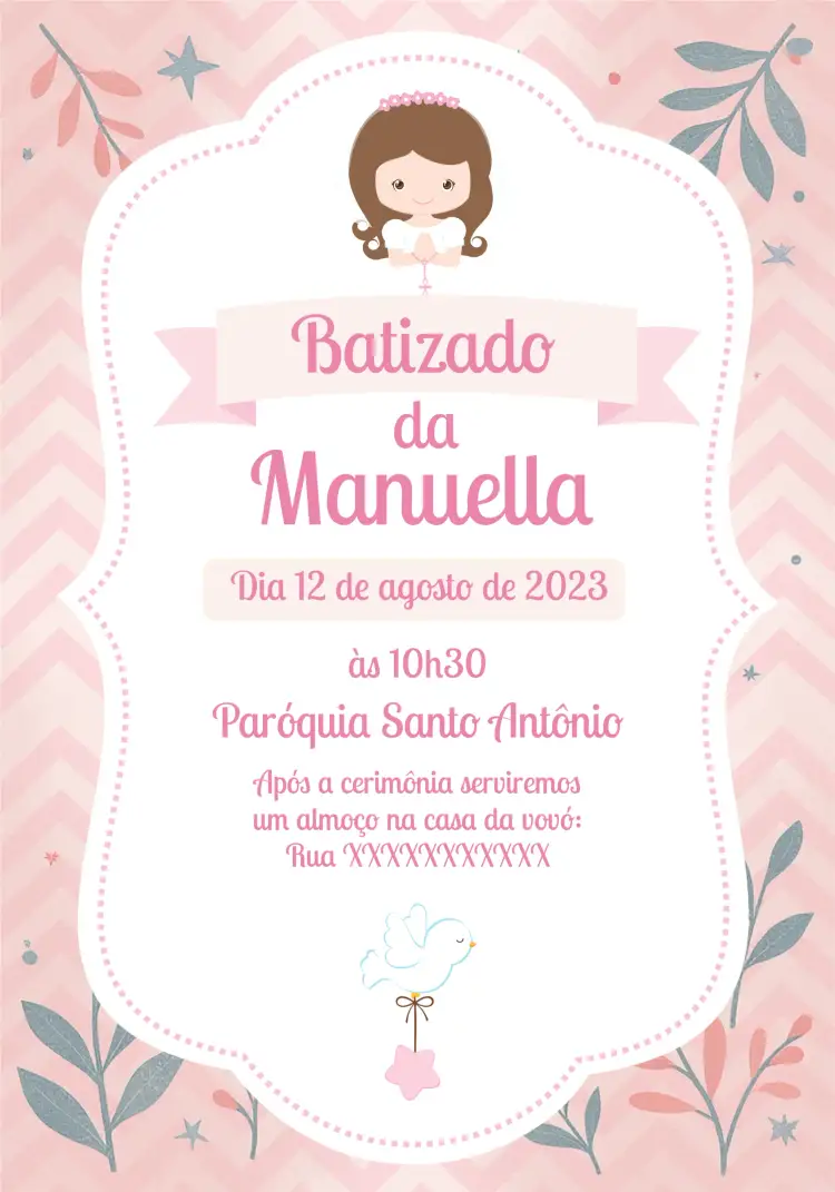 Convite Batizado Branco – tema Batizado delicado, celestial, minimalista, rosado, elegante, infantil