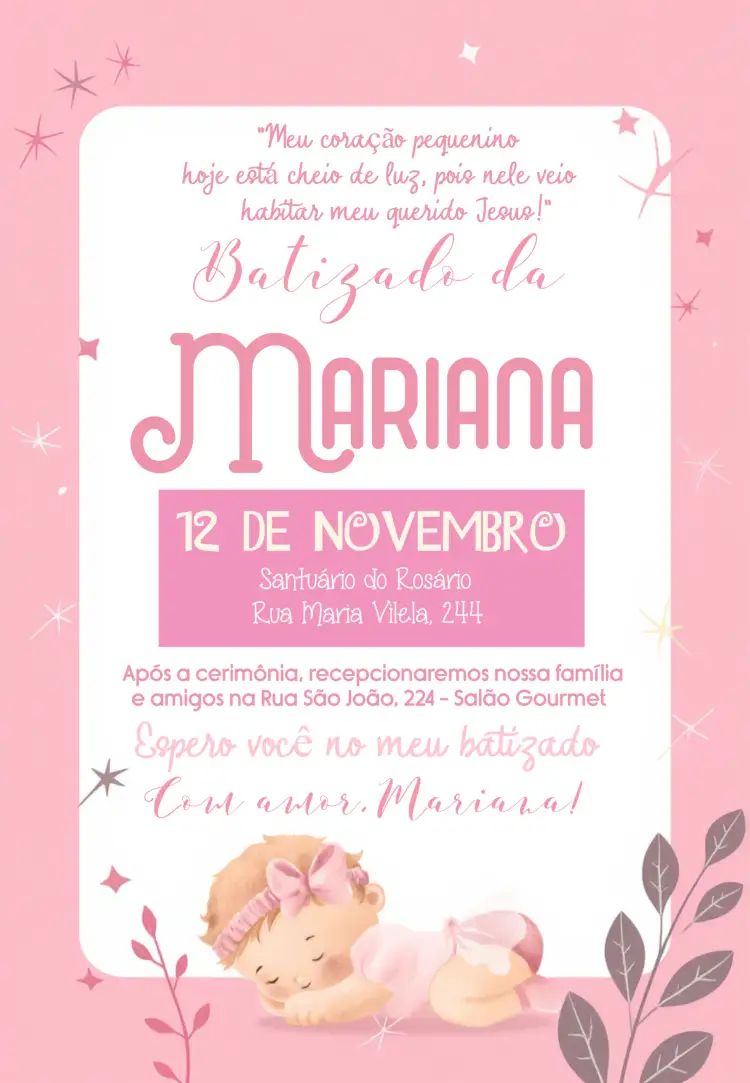 Convite Batizado Católico – tema Primeira Comunhão rosa, delicado, floral, moderno, infantil