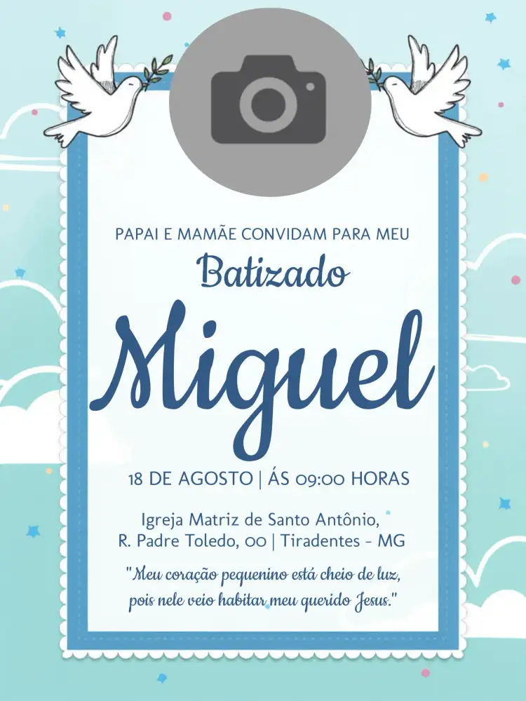 Convite Batizado Com Foto Anjinhos – tema Batizado anjinhos, azul, infantil, ilustração, acolhedor, divertido