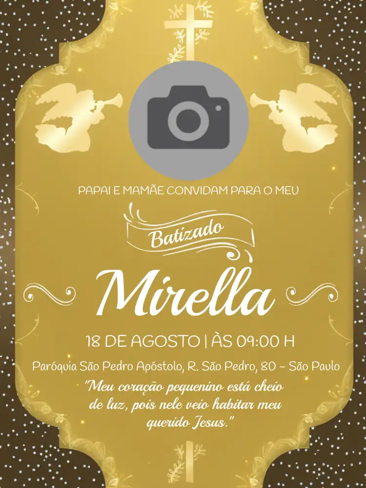 Convite Batizado Com Foto Anjo – tema Batizado dourado, glitter, anjos, clássico, elegante, moderno