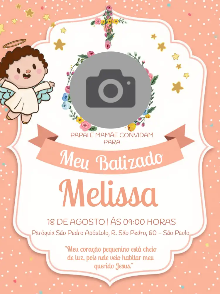 Convite Batizado Com Foto Anjo – tema Batizado rosa suave, anjo, delicado, infantil, moderno, minimalista