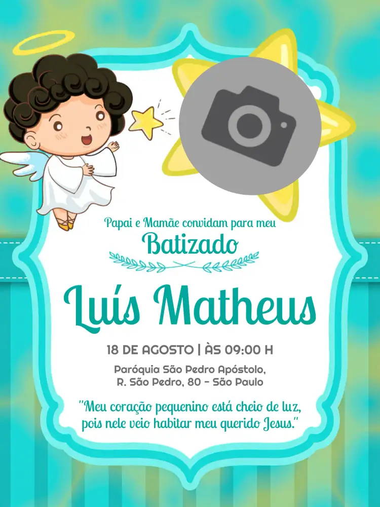 Convite Batizado Com Foto Anjo – tema Batizado azul, anjos, moderno, delicado, infantil
