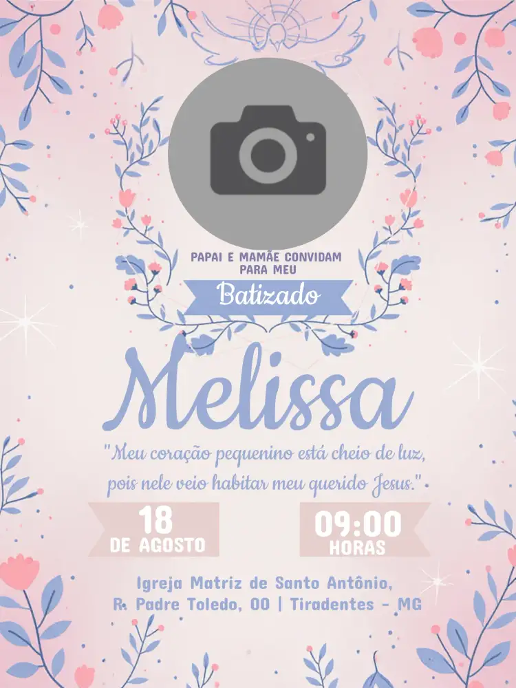 Convite Batizado Com Foto Anjo – tema Batizado floral, delicado, azul, moderno, infantil