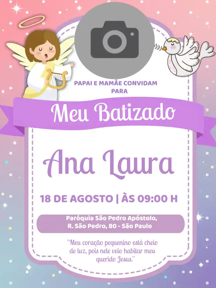Convite Batizado Com Foto Anjo – tema Batizado lilás suave, anjos delicados, design moderno, elementos infantis, estilo clean, toques vintage