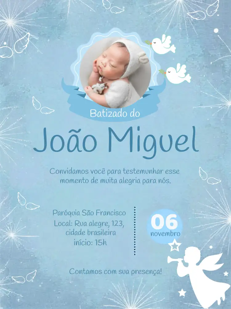 Convite Batizado Com Foto Anjos – tema Batizado anjos, azul claro, branco clássico, moderno, delicado, elegante
