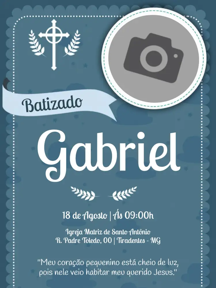 Convite Batizado Com Foto Azul – tema Batizado azul suave, moderno, minimalista, elegante, fotográfico, clean