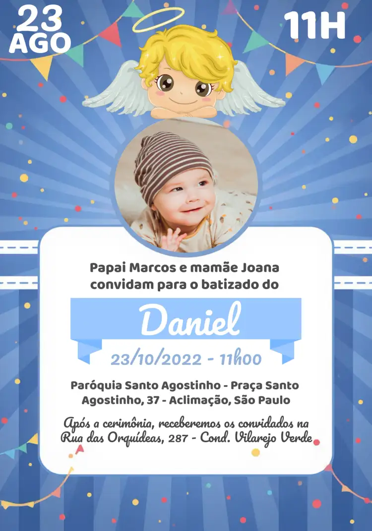 Convite Batizado Com Foto Azul – tema Batizado azul e branco, minimalista, moderno, delicado, infantil