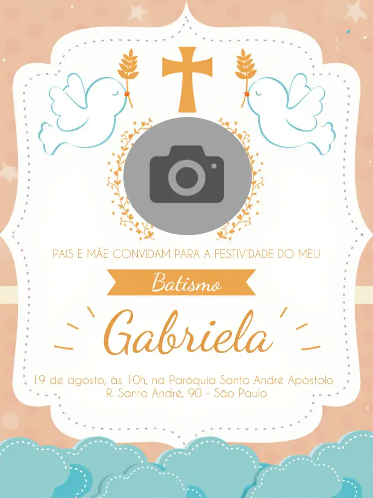 Convite Batizado Com Foto Azul – tema Batizado azul, dourado, moderno, delicado, infantil