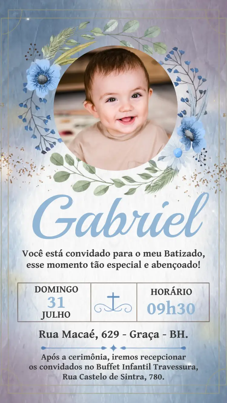 Convite Batizado Com Foto Azul – tema Batizado azul, floral, aquarela, delicado, moderno