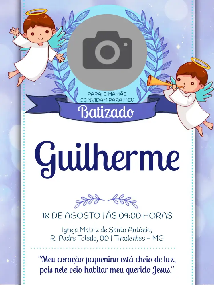 Convite Batizado Com Foto Azul – tema Batizado azul, anjos, minimalista, delicado, infantil