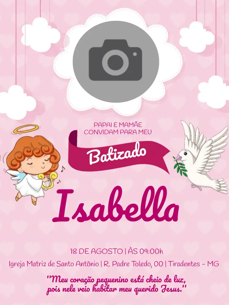 Convite Batizado Com Foto Batismo – tema Batizado rosa, anjos, floral, delicado, moderno