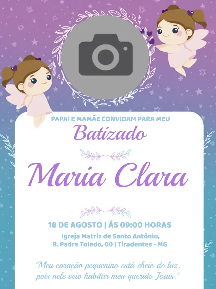 Convite Batizado Com Foto Batismo – tema Batizado roxo, lilás, anjos, delicado, infantil, minimalista