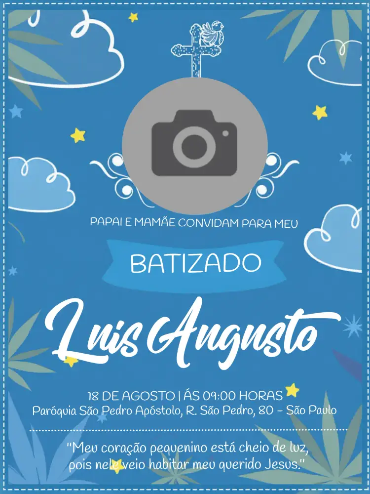 Convite Batizado Com Foto Batismo – tema Batizado azul, infantil, moderno, minimalista, fotográfico