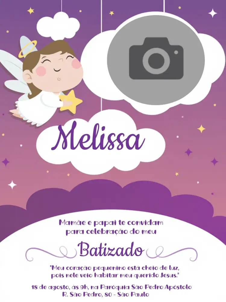 Convite Batizado Com Foto Batismo – tema Batizado roxo, lilás, anjos, delicado, moderno, elegante