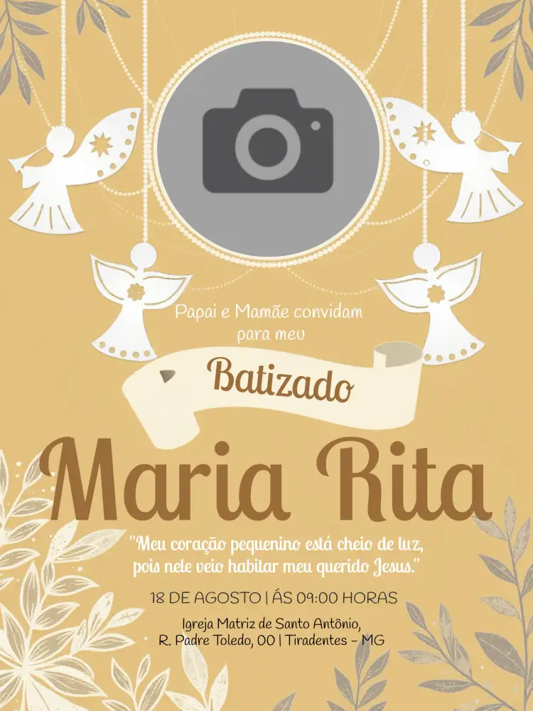 Convite Batizado Com Foto Batismo – tema Batizado dourado, minimalista, elegante, religioso, infantil, clássico