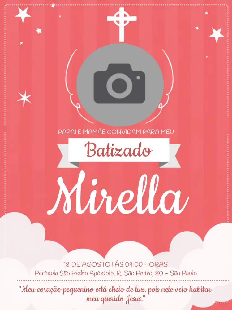 Convite Batizado Com Foto Branco – tema Batizado branco, anjos, minimalista, elegante, sereno, clássico