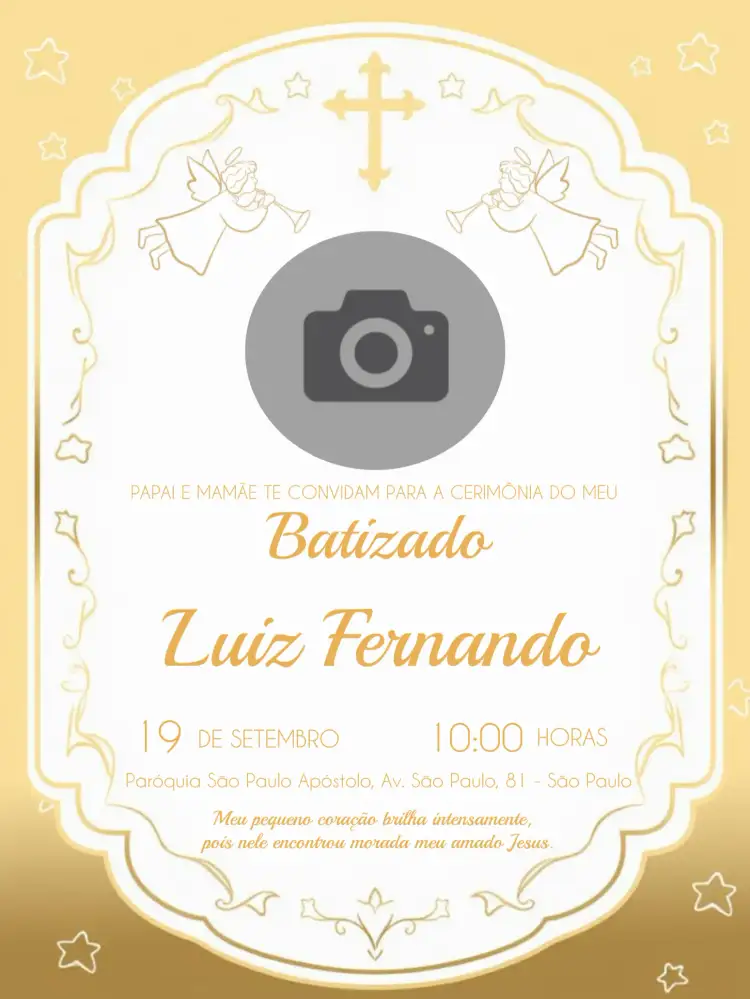 Convite Batizado Com Foto Cruz – tema Batizado dourado, clássico, celestial, elegante, delicado