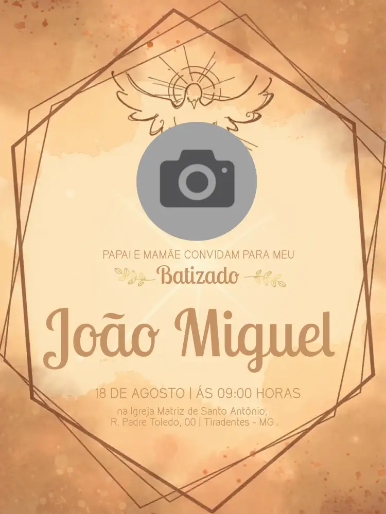 Convite Batizado Com Foto Dourado – tema Batizado dourado, branco, minimalista, religioso, delicado