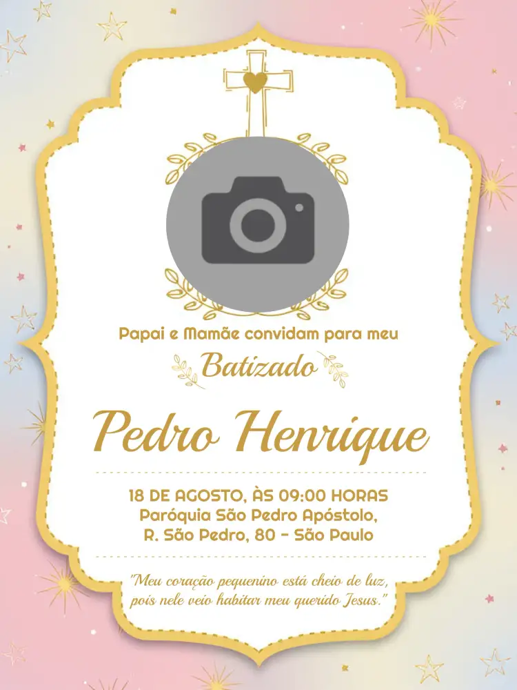 Convite Batizado Com Foto Dourado – tema Batizado dourado, elegante, moderno, minimalista, amarelo, clássico