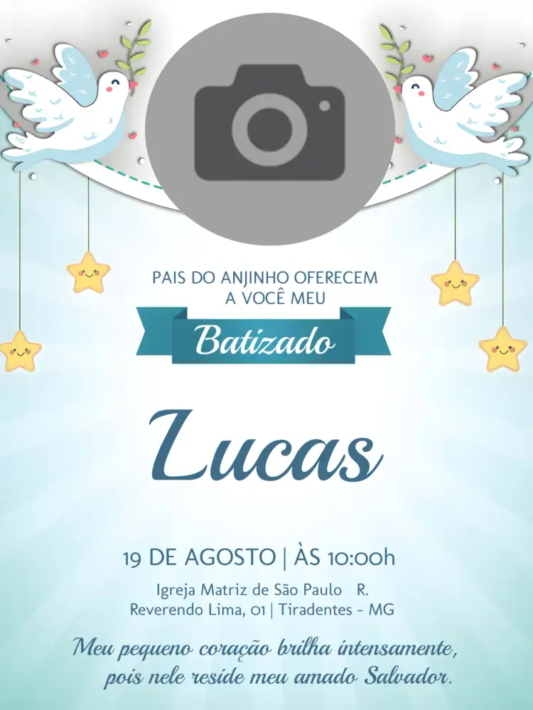 Convite Batizado Com Foto Estrelas – tema Batizado azul, estrelas, anjos, celestial, infantil