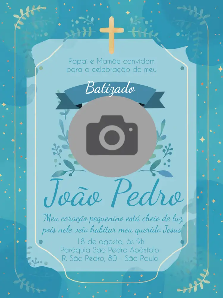 Convite Batizado Com Foto Folhagem – tema Batizado folhagem, azul, moderno, natural, delicado