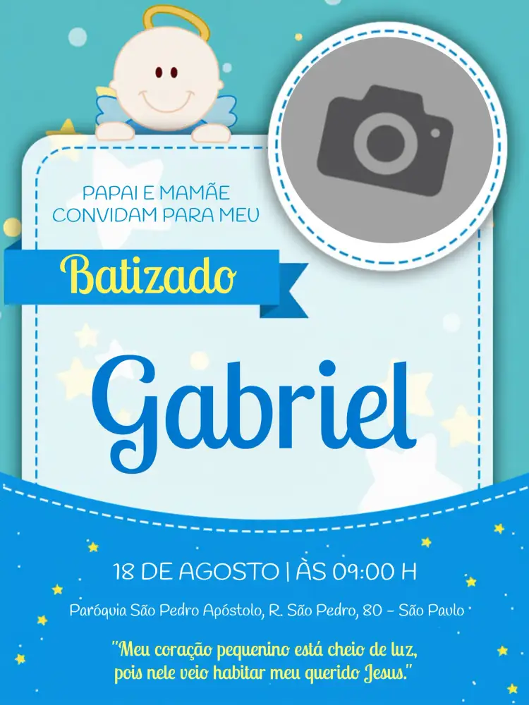 Convite Batizado Com Foto Igreja – tema Batizado azul suave, anjos, minimalista, infantil, elegante