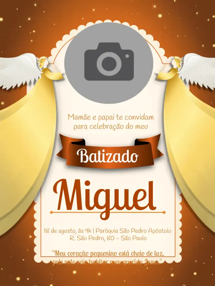 Convite Batizado Com Foto Igreja – tema Batizado elegante, religioso, clássico, minimalista, moderno, festivo