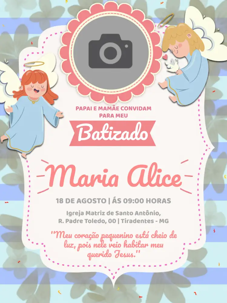 Convite Batizado Com Foto Igreja – tema Batizado rosa, igreja, anjos, delicado, moderno