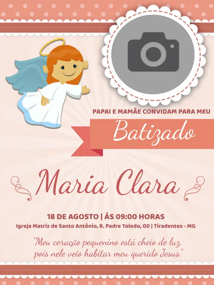 Convite Batizado Com Foto Igreja – tema Batizado floral, delicado, religioso, romântico, moderno