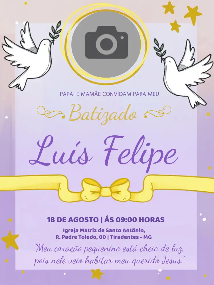 Convite Batizado Com Foto Igreja – tema Batizado lilás, roxo, anjos, igreja, delicado, espiritual