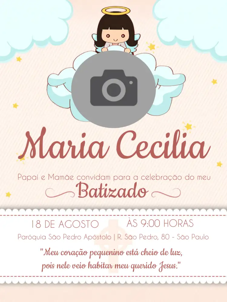 Convite Batizado Com Foto Igreja – tema Batizado delicado, clássico, moderno, elegante, pastel, religioso