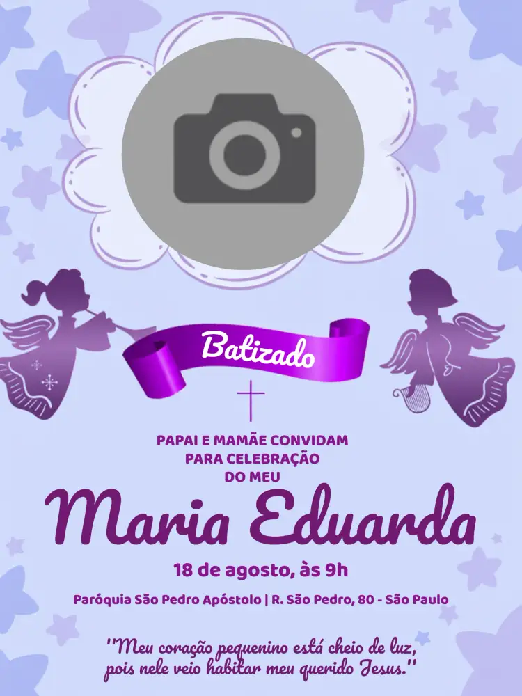Convite Batizado Com Foto Lilás – tema Batizado lilás, roxo, anjos, delicado, moderno