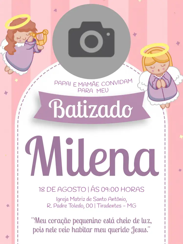 Convite Batizado Com Foto Menina – tema Batizado delicado, rosa, anjos, floral, moderno, infantil
