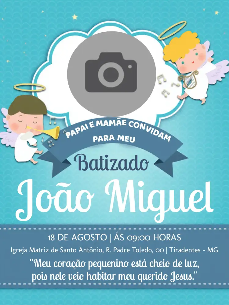 Convite Batizado Com Foto Menino – tema Batizado azul, anjinhos, moderno, infantil, delicado, religioso