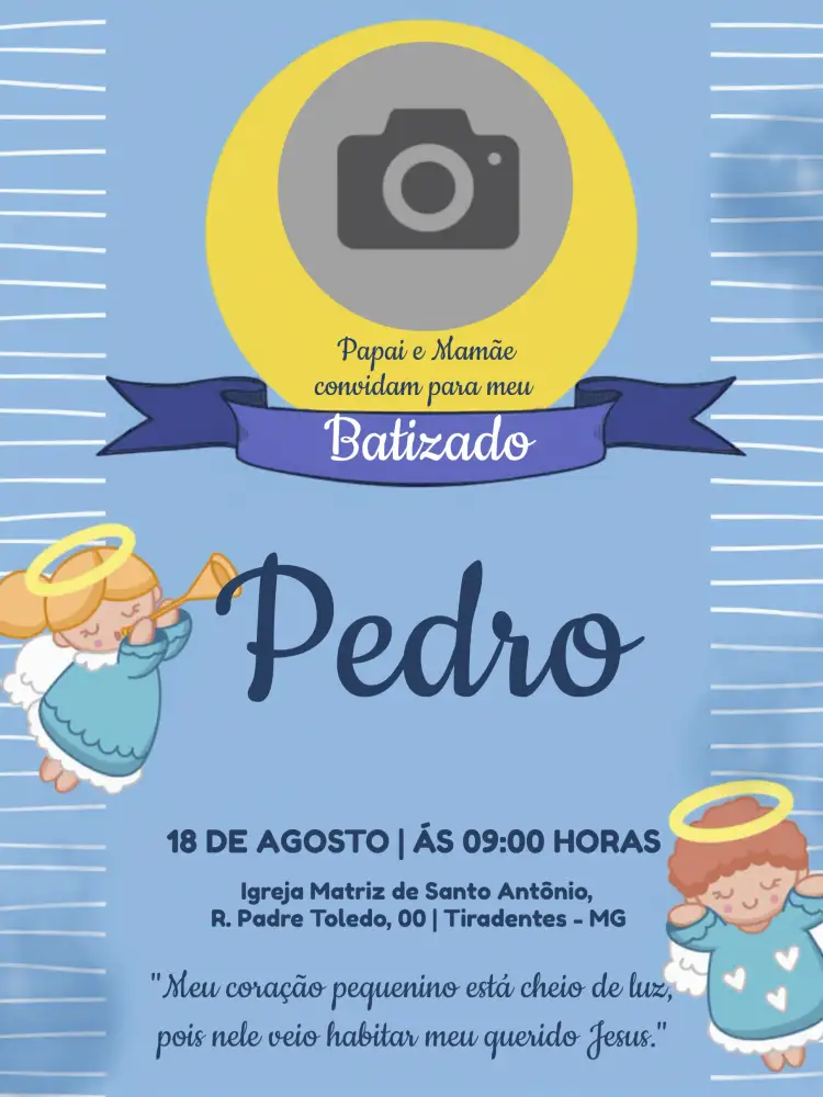 Convite Batizado Com Foto Menino – tema Batizado azul, anjinhos, infantil, delicado, moderno