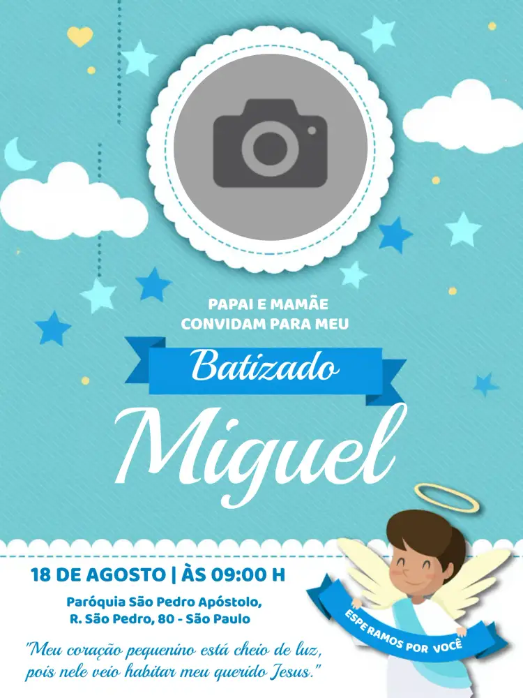 Convite Batizado Com Foto Menino – tema Batizado azul, anjos, moderno, delicado, infantil