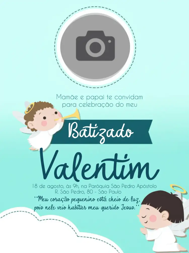 Convite Batizado Com Foto Menino – tema Batizado azul, anjos, minimalista, moderno, infantil