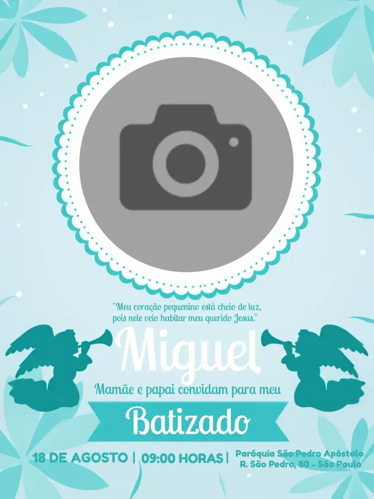 Convite Batizado Com Foto Menino – tema Batizado azul, verde, anjos, moderno, delicado, infantil