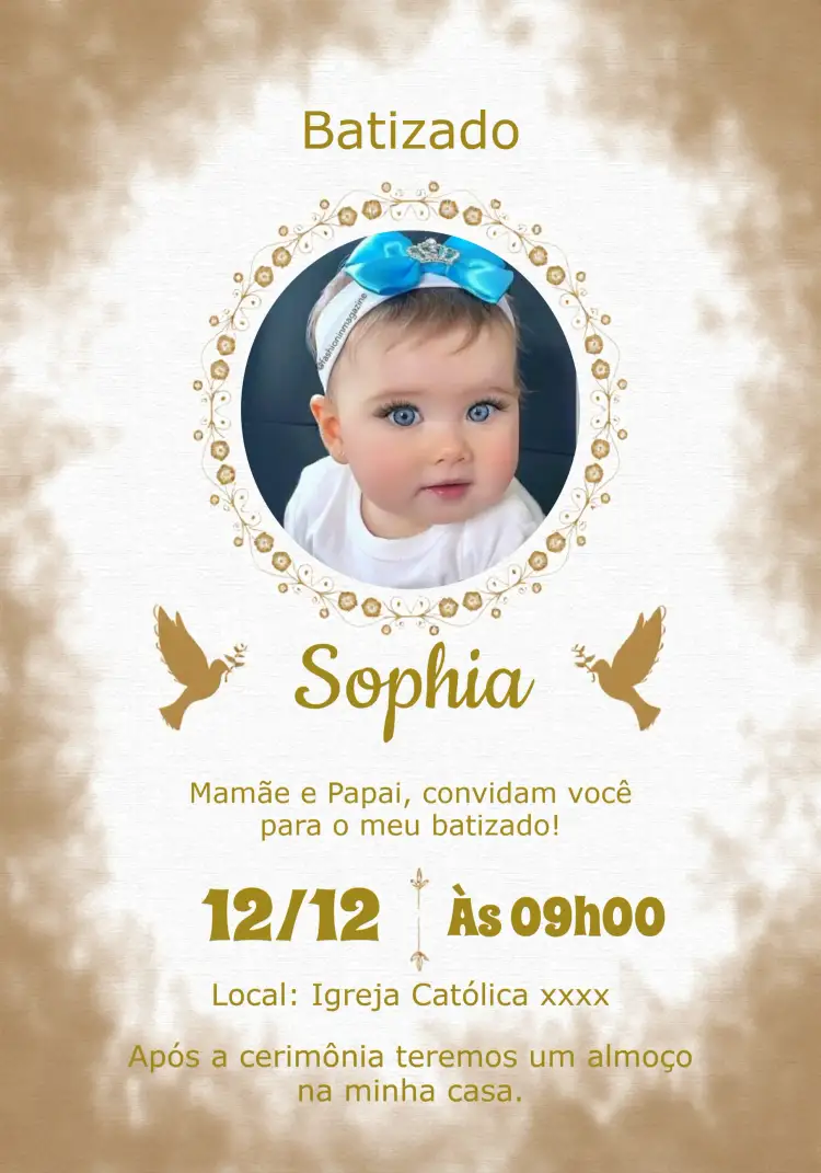 Convite Batizado Com Foto Primeira – tema Primeira Comunhão dourado, branco, minimalista, moderno, infantil