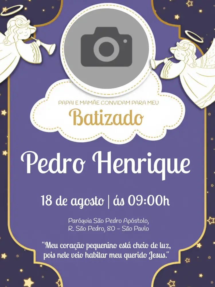Convite Batizado Com Foto Roxo – tema Batizado roxo, lilás, anjos, religioso, delicado, moderno