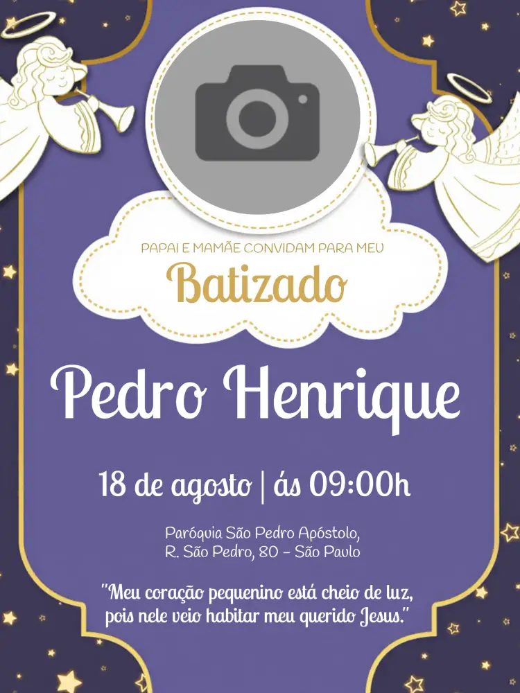 Convite Batizado Com Foto Roxo