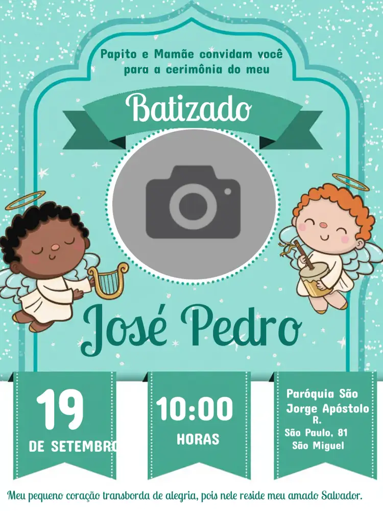 Convite Batizado Com Foto Verde – tema Batizado verde, moderno, minimalista, fotografia, clean