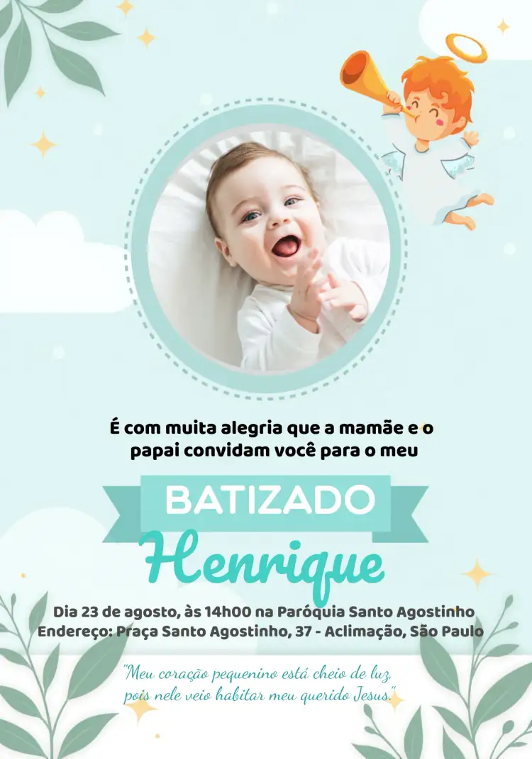 Convite Batizado Com Foto Verde – tema Batizado verde, azul, branco, minimalista, infantil, delicado