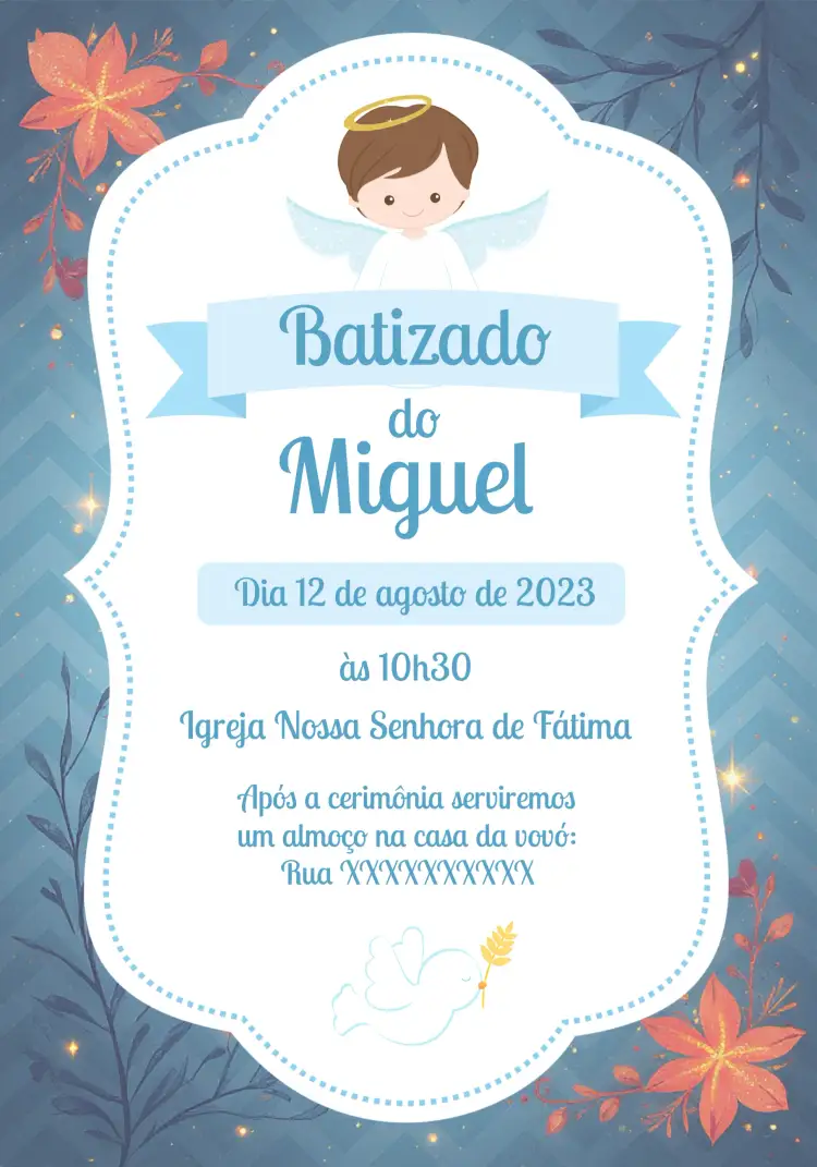 Convite Batizado Crisma – tema Batizado anjinho, azul, dourado, religioso, infantil, delicado