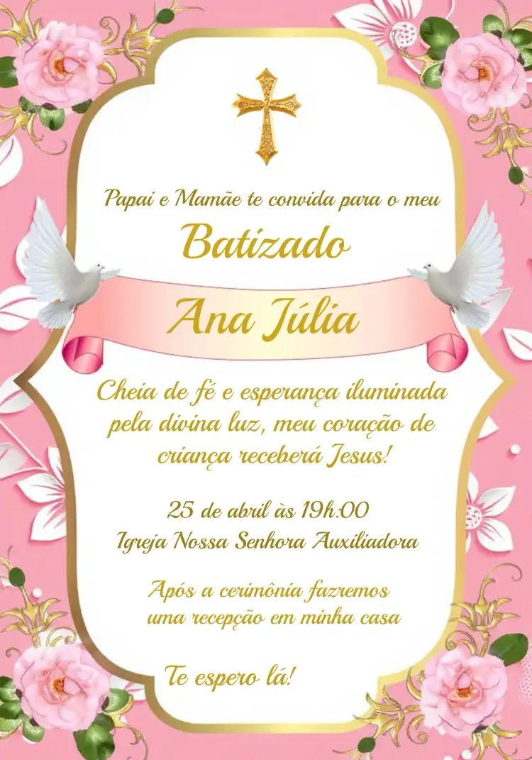 Convite Batizado De Menina Dourado – tema Batizado dourado, rosa, minimalista, infantil, elegante
